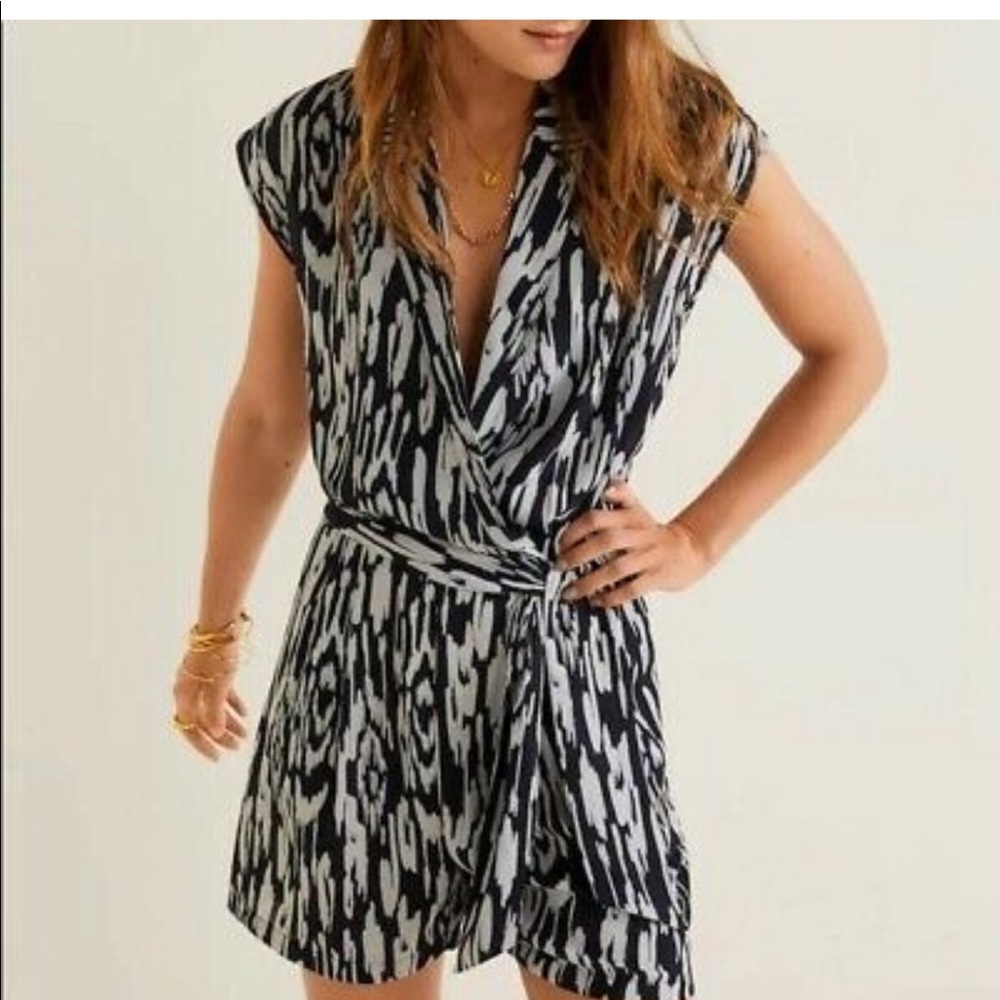 Mango Printed Bow Wrap Romper in Blue